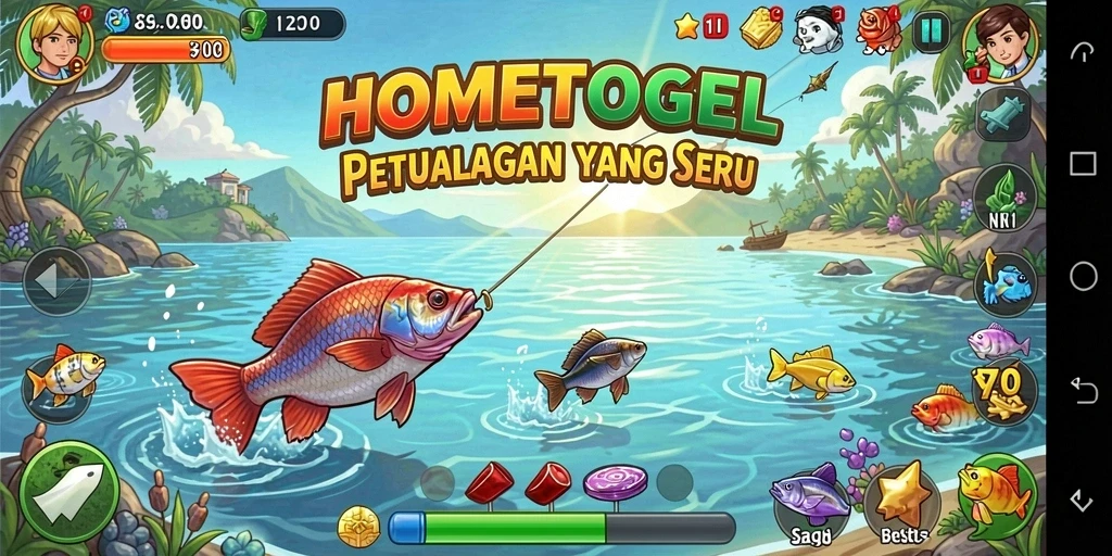 Screenshot utama HOMETOGEL menunjukkan pemain yang menangkap ikan di lokasi memancing yang indah.