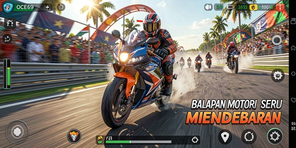 Gameplay balapan motor yang seru dan mendebarkan.