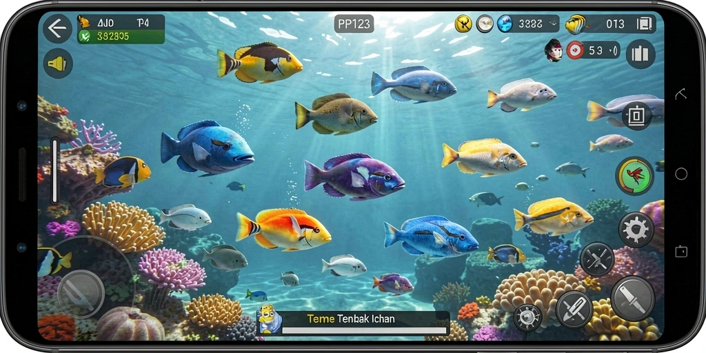 Screenshot menunjukkan aksi menangkap ikan dalam PP123 yang seru.